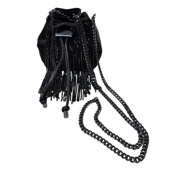Aldo Mackie Black Faux Leather Bucket Bag Rhinestone Fringe Festival Party - Picture 2 of 13